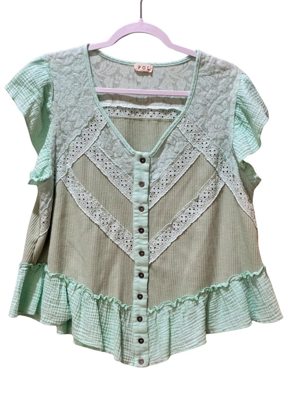 POL Mint Green Lace Ruffle Button Front Boho Cotton Peplum Top Medium - Picture 2 of 6